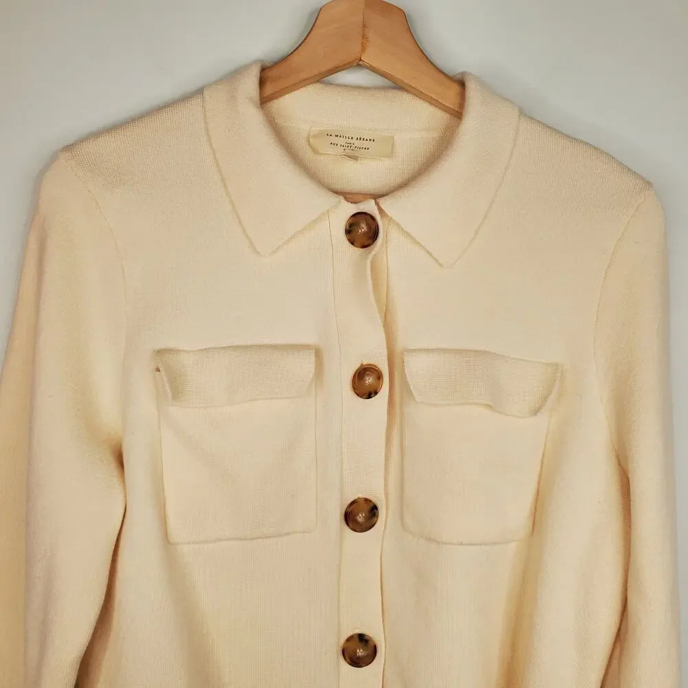 Sezane Betty Merino Wool Cropped Cardigan Ecru Cream Knit Pockets Size Large - Picture 6 of 11
